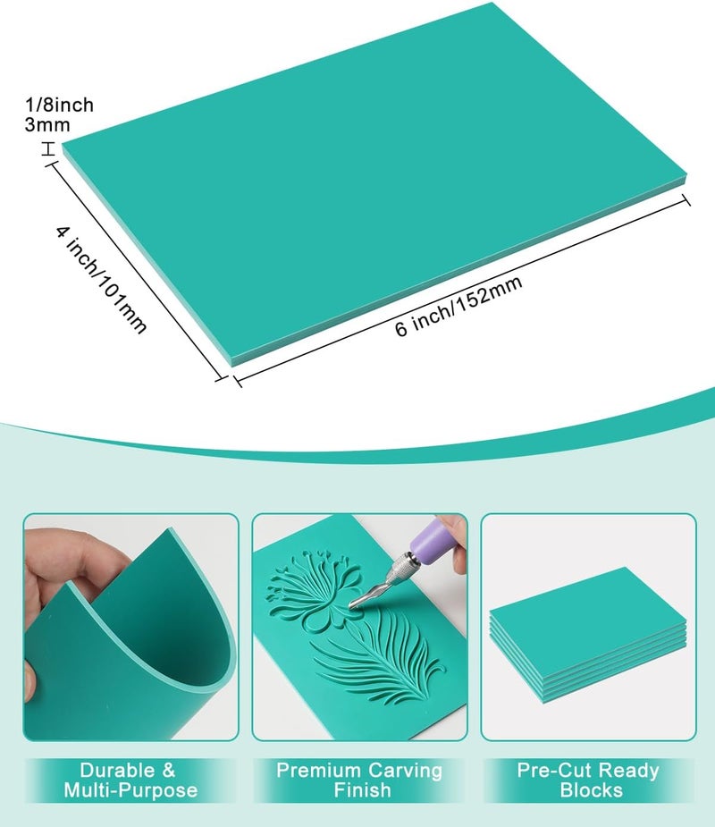 UCEC 7 Pack Linocut Block Printing Kit – Includes 5 Soft 4" x 6" Linoleum Blocks and Lino Cutting Tools with 6 Blades Universal Size, 4’’ Brayer Roller, Complete Rubber Stamp Carving Kit for Beginner - Image 3